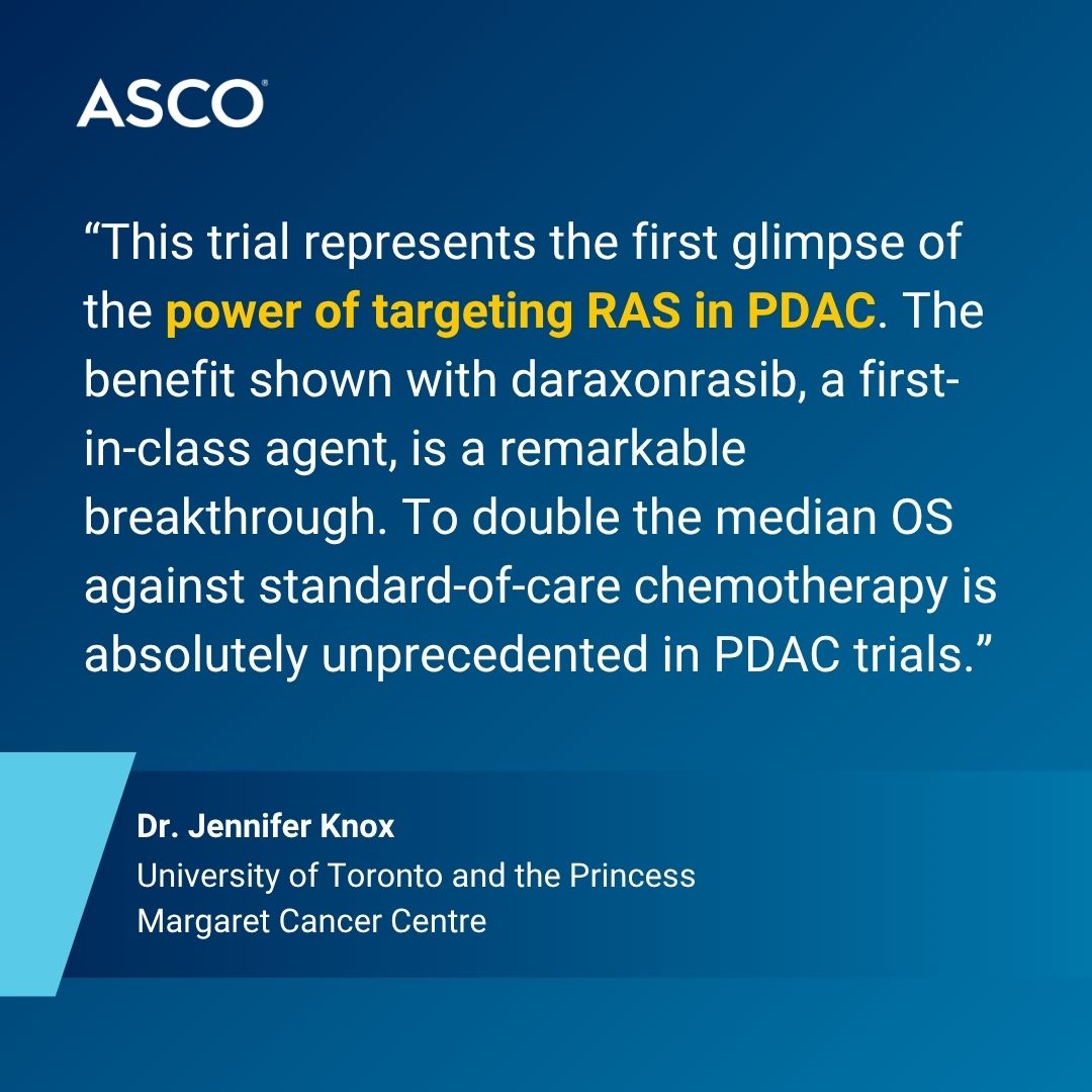 ASCO's tweet photo. The final study presented at #ASCO26 Plenary: RASolute-302 results show daraxonrasib meeting all primary and key secondary endpoints, demonstrating significant and clinically meaningful improvements in OS, PFS, and ORR in metastatic #PDAC: https://t.co/2QwmgGhX0G
#ASCODailyNews https://t.co/nOEWLqX5UO