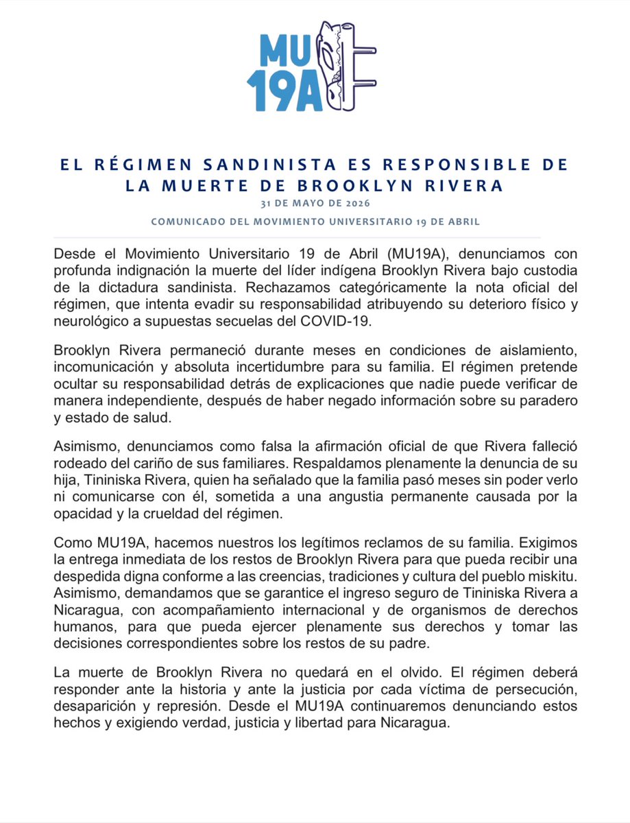 MU19ANicaragua's tweet photo. Nos solidarizamos con la familia de Brooklyn Rivera. Exigimos la entrega inmediata de sus restos y garantías para que su hija pueda ingresar a Nicaragua y despedirlo con dignidad. #SOSNicaragua #DerechosHumanos https://t.co/zJetVG1GgB