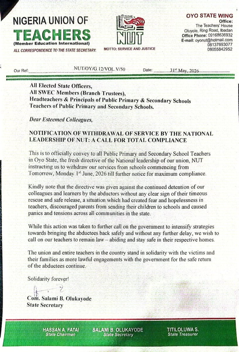 IbadanInside's tweet photo. Unconfirmed: A memorandum allegedly from Oyo State NUT regarding the temporary withdrawal of service is reportedly circulating on WhatsApp. #BringBackOurChildren https://t.co/hETenHN9Sb