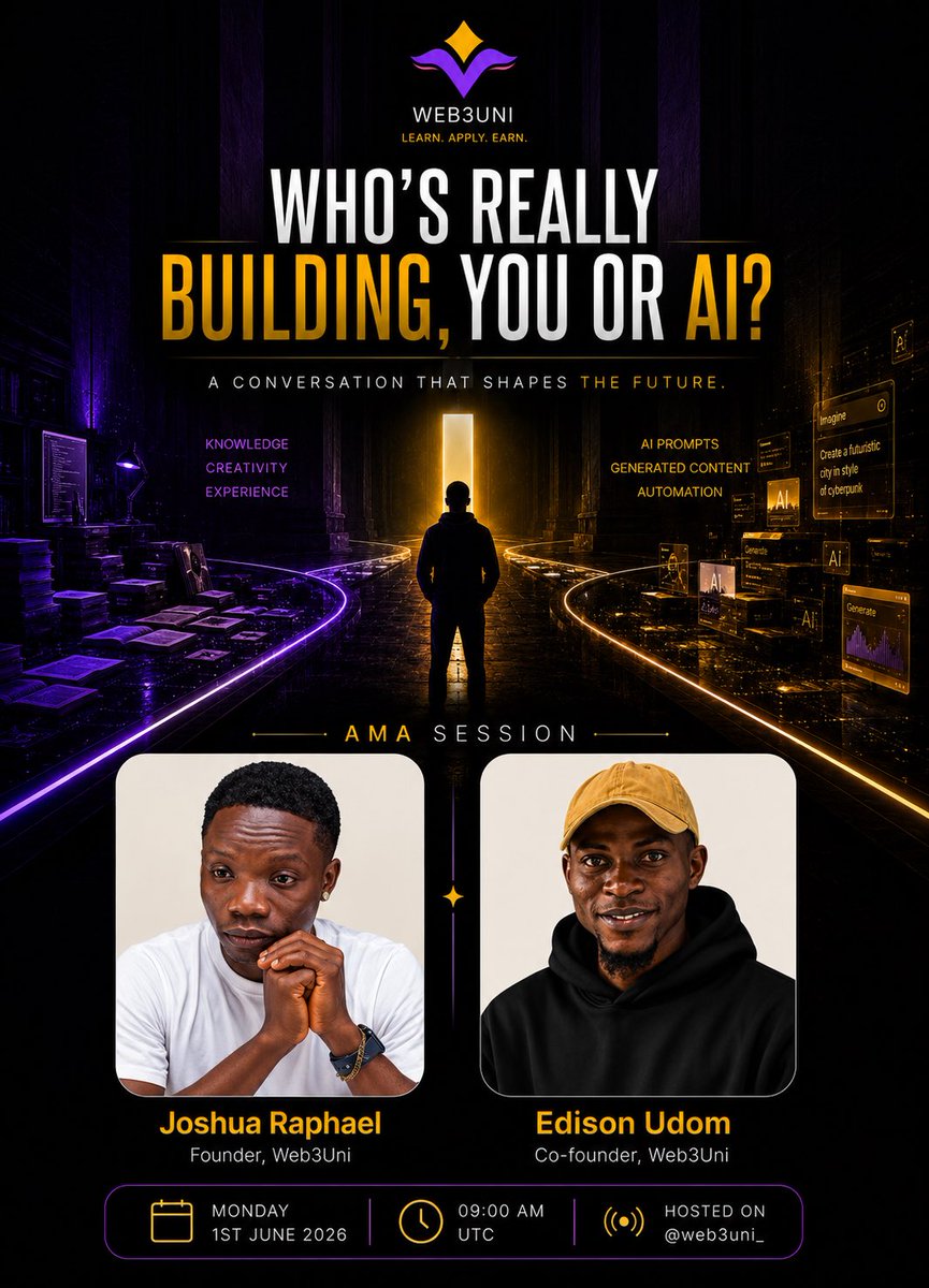 web3uni_'s tweet photo. Boom another exciting moment!

In the space where everything is Ai, who’s really building, You or Ai?

This space is going to be very insightful and interactive with experienced builders @kendex216 @edison_udom and others.

Time: 9am

You don’t want to miss this.

Set a reminder via the link here: https://t.co/IzpgfHE3Bd