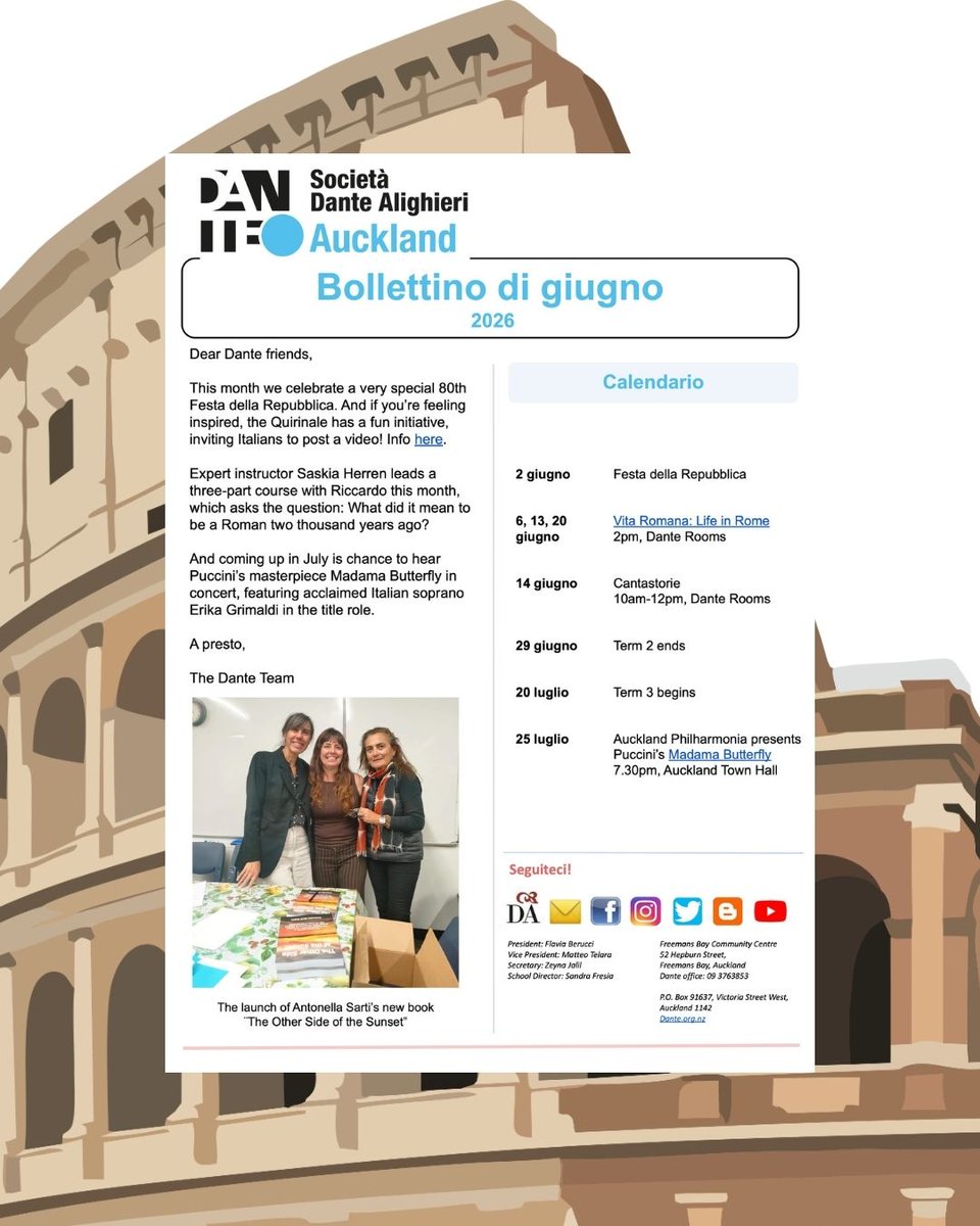 DanteAuckland's tweet photo. June Bulletin online now, and this month we are celebrating Roman history!

Il bollettino di giugno è in rete, e questo mese celebriamo la storia romana!
https://t.co/5OQOOhFt5i

#danteauckland @la_dante @ItalyinNZ #romanhistory https://t.co/NztidI1tVX