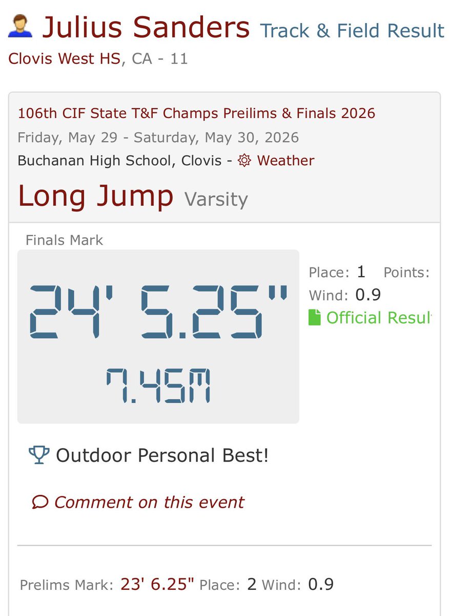 JuJu121688's tweet photo. Excited to say that I am the CA #1 State Long Jump Champion‼️

@CoachAT23 @JDiMinno @JPetrino @Chad_Larkin24 @ledeboer_ariana @treyshima @CoachPeff @CoachiJACK @CoachJWood @WPlemons @KeatonJ_3 @nickmeltz @David_Josephson @CoachKHensley @FBCoachHardaway
@CoachGingold @_AdamDeCosta https://t.co/8KB9K9vZw8