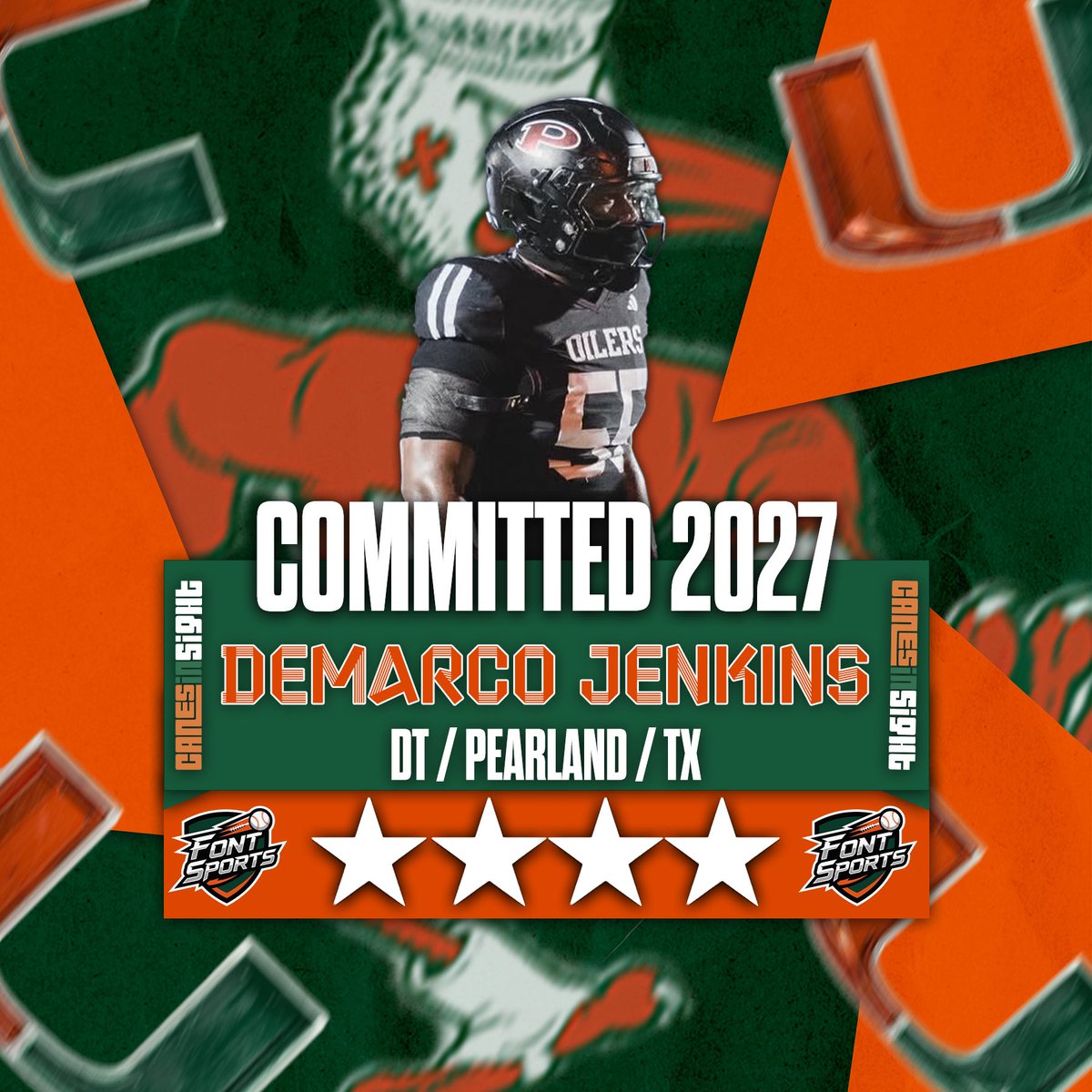 S_Font_Sports's tweet photo. 🚨COMMITMENT ALERT🚨

@CanesFootball strikes again in Texas, landing defensive lineman Demarco Jenkins 🙌

A 6-foot-3, 300-pound interior force, Jenkins brings impressive knock-back power at the LOS

STORY: https://t.co/gTC3c1kQCM https://t.co/SqBQSeJzWT