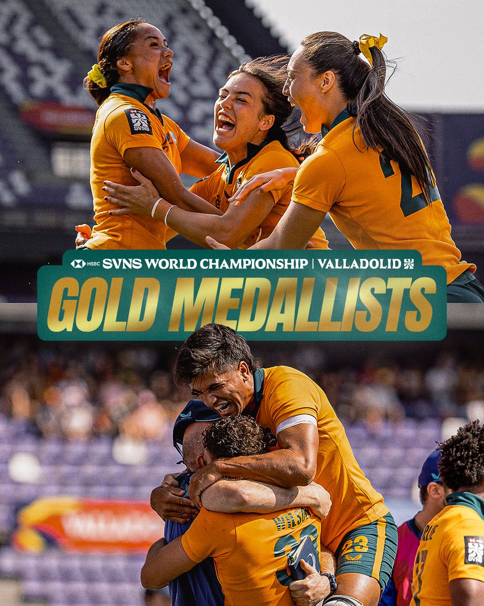 Aussie7s's tweet photo. Double trouble 🏆🏆

Australia Sevens Women’s and Men’s are Champions in Valladolid 🥇 https://t.co/lnoiw2qO81