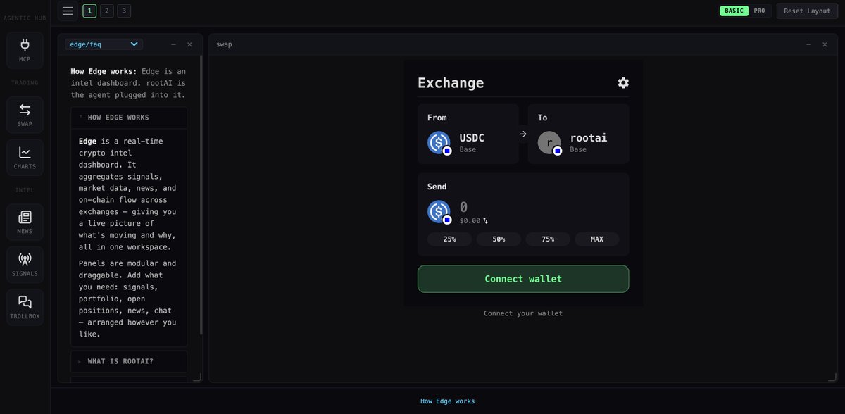 Root_Edge's tweet photo. [v6 Upgrade aka Jeet Killer]

Proud to present v6, something we've been working towards day and night since going public launch mode!

Basic/Pro Mode activation: 

--Basic mode includes swaps (powered by @lifiprotocol), charts, news, intel, signals & trollbox

---Pro mode includes full feature suite, BYOK (bring your own keys) for LLM & @HyperliquidX, @Base MCP usability (all features), & the full open suite of products

[Security Notes: The lifi powered swapper is integrated via widget, it is plug and play and it is noncustodial, we do not have or carry keys no tracking]

We at $rootAI are just getting started & we are so happy we've found the community we have via our @bankrbot launched token. Without the motivation to deliver a product this rapidly, we wouldn't have turbo-shipped like we have and will continue to do.

Enjoy and please give us any feedback you may have! TYSM and now, we are cooking and are officially in Beta v2 🛠️

gROOT 
https://t.co/FlyxFXG8Hf