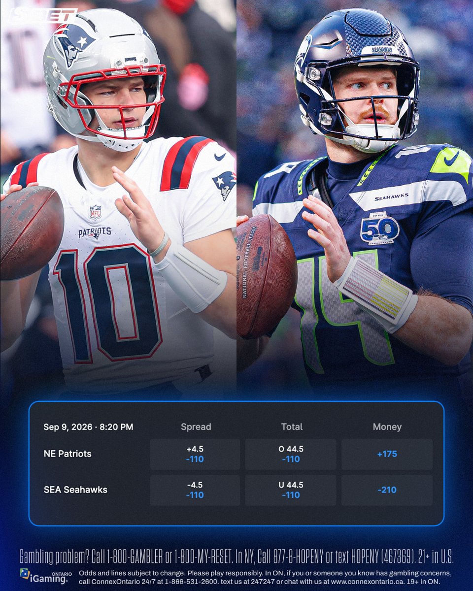 theScoreBet's tweet photo. Can Drake Maye and the Patriots get their get back vs. the Seahawks in Week 1? 😤 https://t.co/m3DpxKbrun
