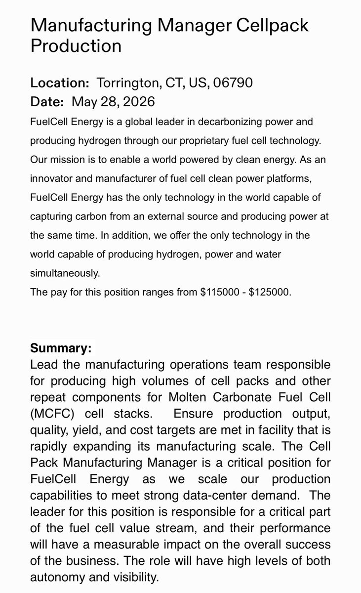 ThematicTrader's tweet photo. $FCEL has been opening up and filling new manufacturing positions rapidly over the last month or so, but these most recent openings on May 28 are the most exciting.

"The Cell Pack Manufacturing Manager is a critical position for FuelCell as we scale our production capabilities to meet strong DATA CENTER DEMAND."

FuelCell Energy looks like a company preparing for a production ramp, huh?