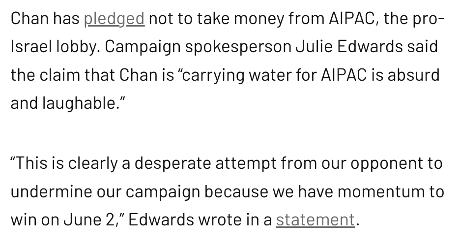 jrivanob's tweet photo. After reporting on alleged ties between AIPAC &amp; a pro-Dem PAC that's cutting pro-Connie Chan ads, Chan's campaign is responding.

It said it "would urge any organization supporting Connie to respect the very clear values she has laid out not to accept donations from AIPAC.” https://t.co/kh78VCIZTe