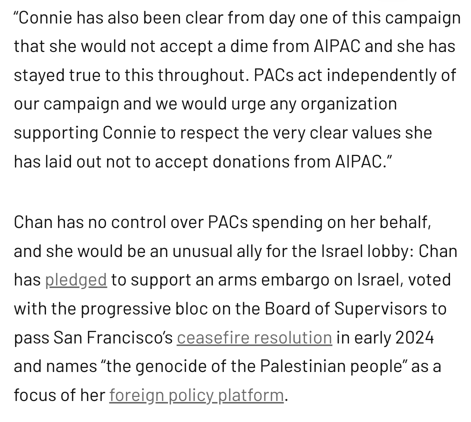 jrivanob's tweet photo. After reporting on alleged ties between AIPAC &amp; a pro-Dem PAC that's cutting pro-Connie Chan ads, Chan's campaign is responding.

It said it "would urge any organization supporting Connie to respect the very clear values she has laid out not to accept donations from AIPAC.” https://t.co/kh78VCIZTe