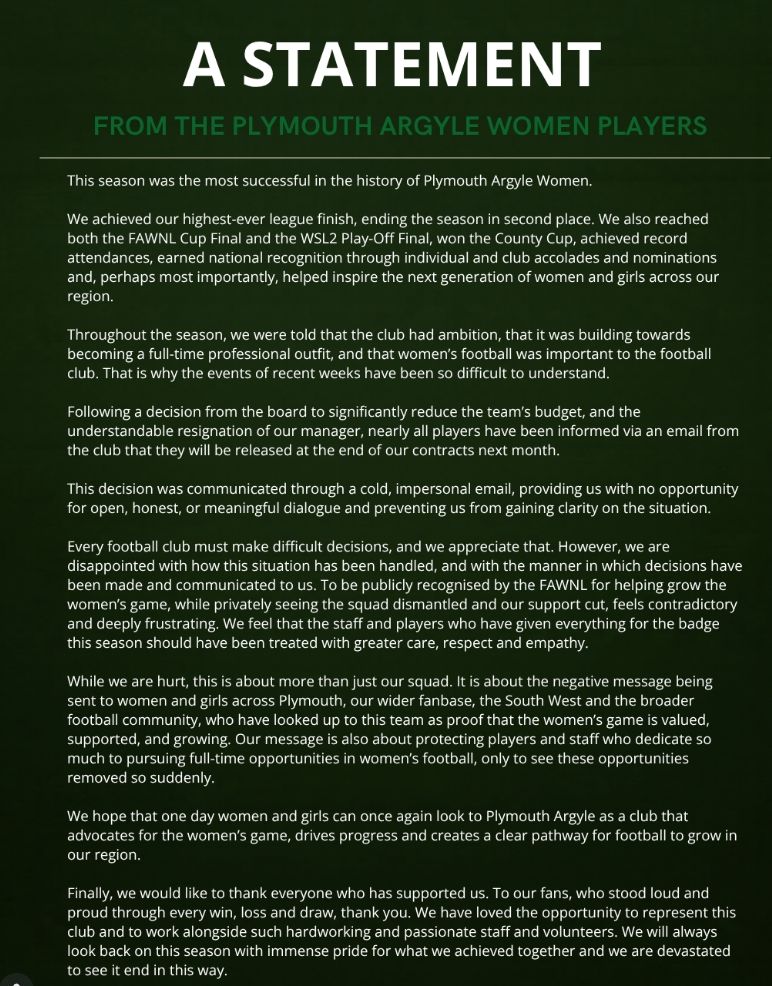 WolvesWomenPod's tweet photo. We are sharing the below statement from the Plymouth players to show our support!

Whilst we were rivals for 90 mins we stand together in our wish to grow the women's game. How the players/fans have been treated by the club is shameful.

Remember - Out of darkness cometh light! https://t.co/QqSH35k1pC