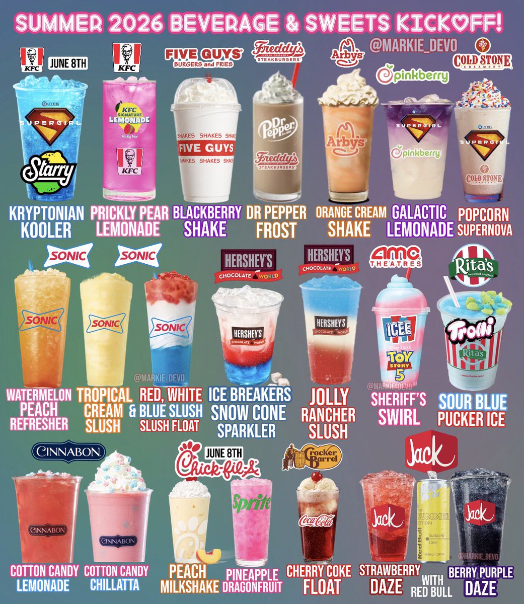 markie_devo's tweet photo. A few beverages & sweets to kick off summer! 

🗓️Kfc Supergirl Kryptonian Kooler & Chick-Fil-A beverages drop June 8th. 
📍The rest can be found at locations now and tomorrow (June 1st). 

(News/Image:: @chickfila , @amctheatres , @jackinthebox , @sonicdrivein , @crackerbarrel , @kfc , @cinnabon , @ritasice , @pinkberryswirl , @coldstone , @fiveguys , @arbys , @freddysusa , @hersheyschocolateworld )

Feeling any of these👇🏻