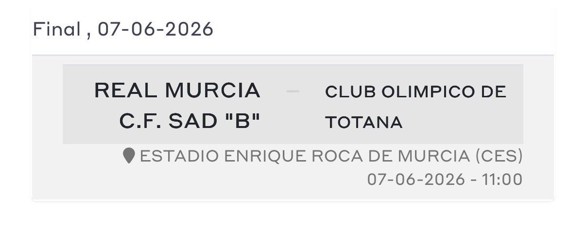 FanRealMurcia's tweet photo. 🏟️El Imperial vs Olímpico está fechado para el domingo 7 a las 11:00h en Nueva Condomina. https://t.co/ZuAJ5Rhbbs