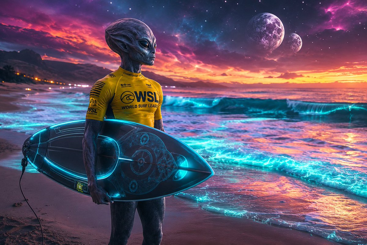 surfreportbr's tweet photo. Talvez, em algum lugar do universo, o surf também seja a linguagem da liberdade.👽🌊
Entre ondas luminosas, céus cósmicos e praias de outro planeta, até os extraterrestres parecem esperar pela série perfeita. 🏄♂️✨
#Surf #AlienSurf #WSL #CosmicSurf #FutureSurf #SurfCulture #WaveRiding #SciFi #Ocean #SurfArt #SurfLifestyle #Universe #SurfReport