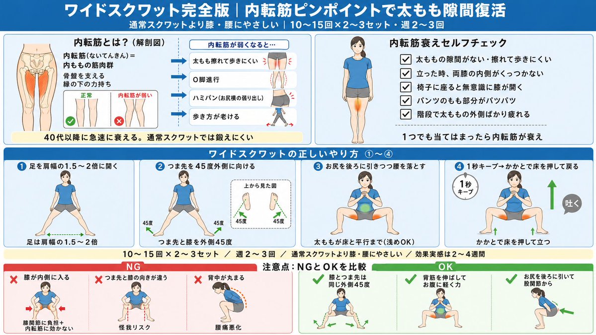nikudan_diet's tweet photo. 大事なことなので何度でもいいます。『太ももの隙間がない』って、脂肪のせいじゃなく『内転筋(ないてんきん)』というインナーマッスルが眠ってるだけかもしれません。
内転筋は内もも・骨盤を支える縁の下の力持ち。40代以降に急速に衰えて、内もも擦れ・O脚・ハミパンが進行します。
通常スクワット��膝・腰に負担がかかりますが、『ワイドスクワット』なら膝・腰への���担少なめで内転筋にピンポイント。道具なし、テレビ見ながら週2〜3回で内ももにスキマが戻ります。
『ワイドスクワットの正しいやり方』は⤵︎の図解を参考にしてね。(1/5)