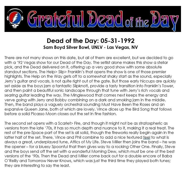 gdradio's tweet photo. #UpNext on https://t.co/2mzzODjrfS
(at around 5:30pm eastern / 2:30pm pacific)
★ 1992-05-31 at the Sam Boyd Stadium in Las Vegas, NV  ★
#OTD #DeadOTD #DeadHeads #GratefulDead #gratefuldeadmusic
(content courtesy of https://t.co/0pM5gB6e4o) https://t.co/6Wic4f6VGe