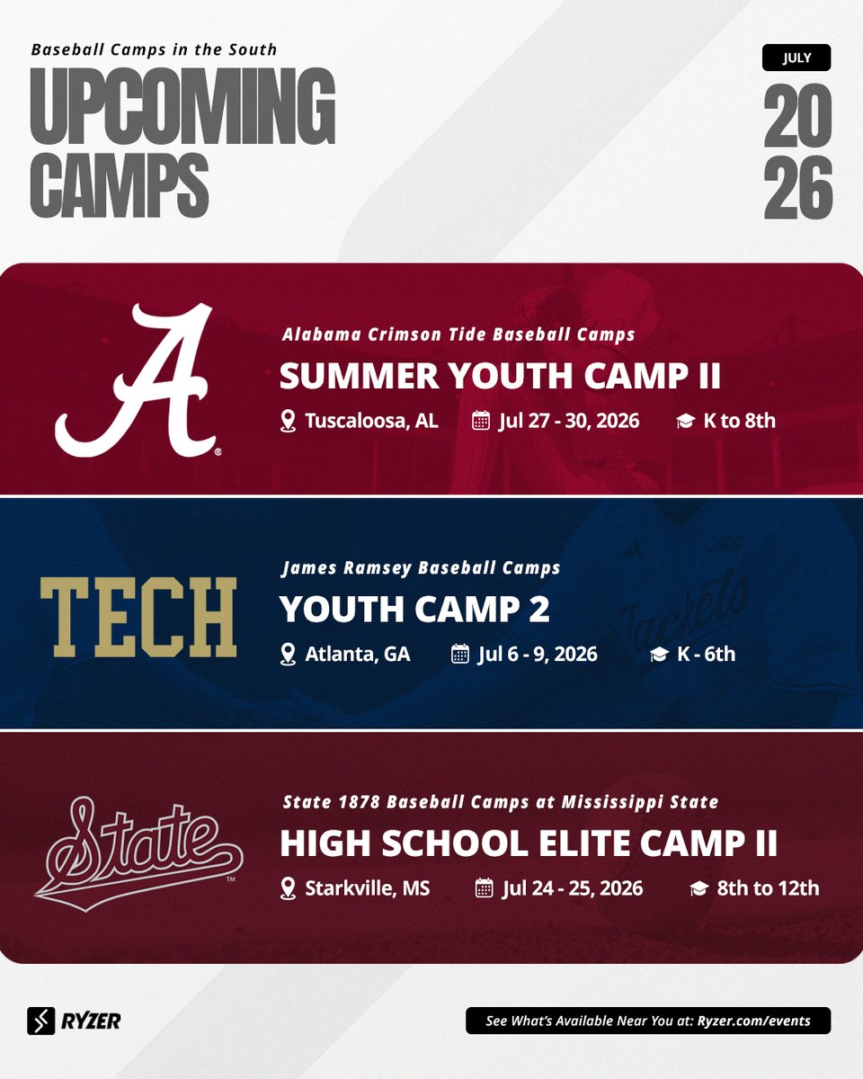 Ryzer's tweet photo. Found your summer camp yet? ⚾ Check these out → link in bio!

@AlabamaBSB @GTBaseball @HailStateBB @UNCBaseballCamp @RutgersBaseball @UConnBSB https://t.co/h8nk8G5nIE