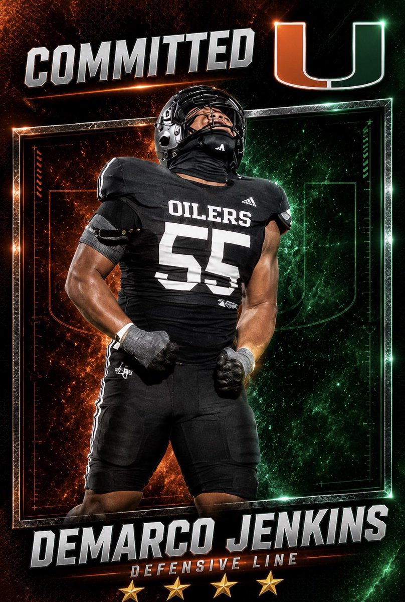 GeoMilian's tweet photo. 🚨BREAKING🚨: Pearland (Tex.) 4-Star DL DeMarco Jenkins commits to #Miami over SMU, Texas A&M, and TCU!

https://t.co/JgtM7nuU6U

The 6-foot-3, 315-pound interior defensive lineman becomes commitment No. 16 for the Hurricanes. Jenkins recorded 48 tackles, 17 TFLs, and 7 sacks as a junior and was a first-team all-district selection.