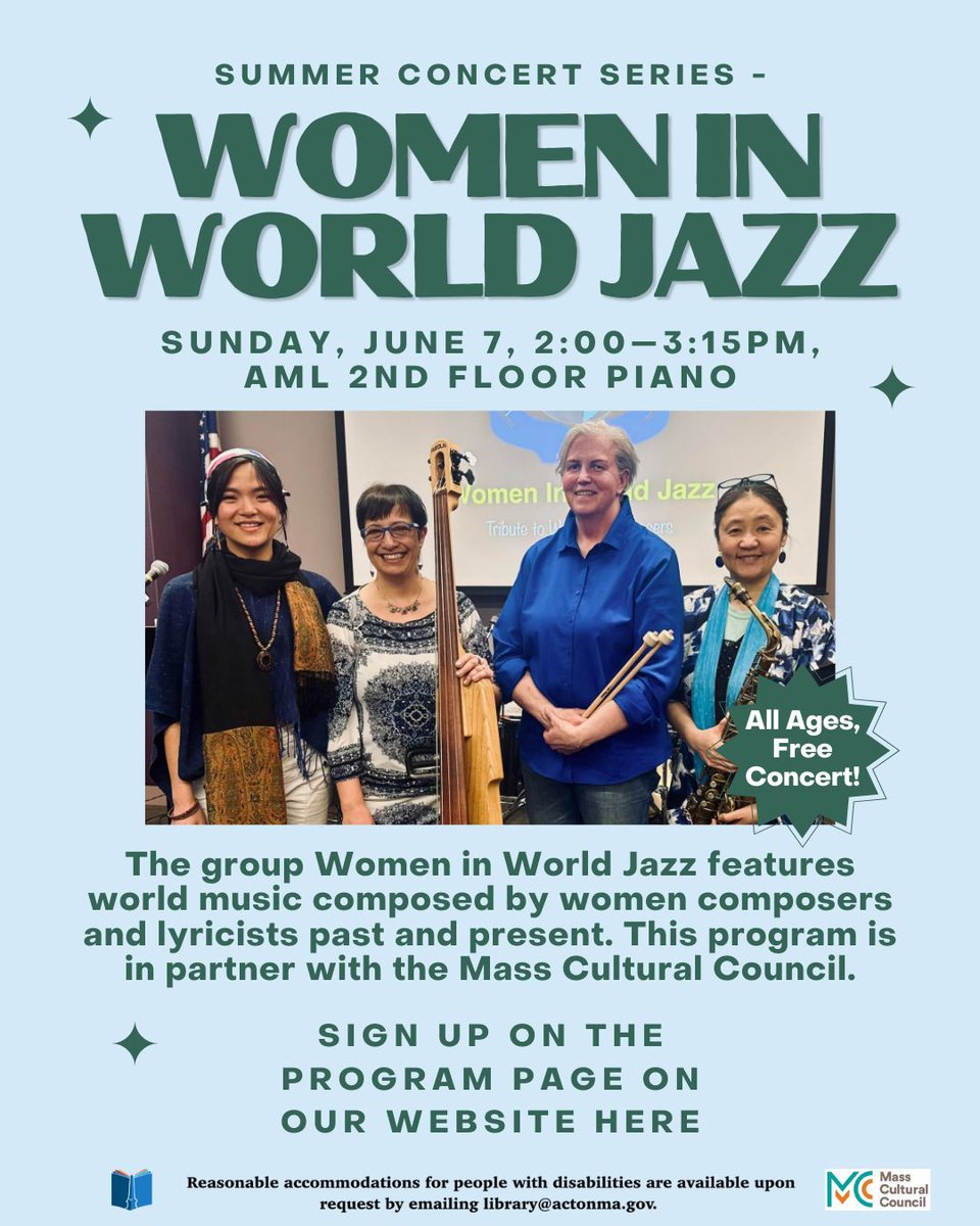 ActonMemLibrary's tweet photo. Summer Concert Series - Women in World Jazz! Sun, June 7, 2—3:15PM, AML 2nd Floor Piano Space. Sign up on the program page on our website here: https://t.co/0S957HSdcL 

See bio for accessibility info. https://t.co/f9NWbfZWsJ