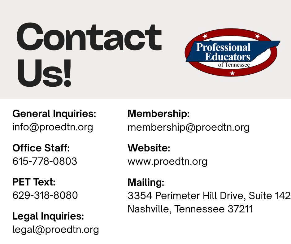 ProEdTN's tweet photo. School is out for the summer, but Professional Educators of Tennessee is still here to help. Contact our in-office staff and receive a response within the next business day. We're committed to supporting our members every step of the way! https://t.co/xRP13VvEzW