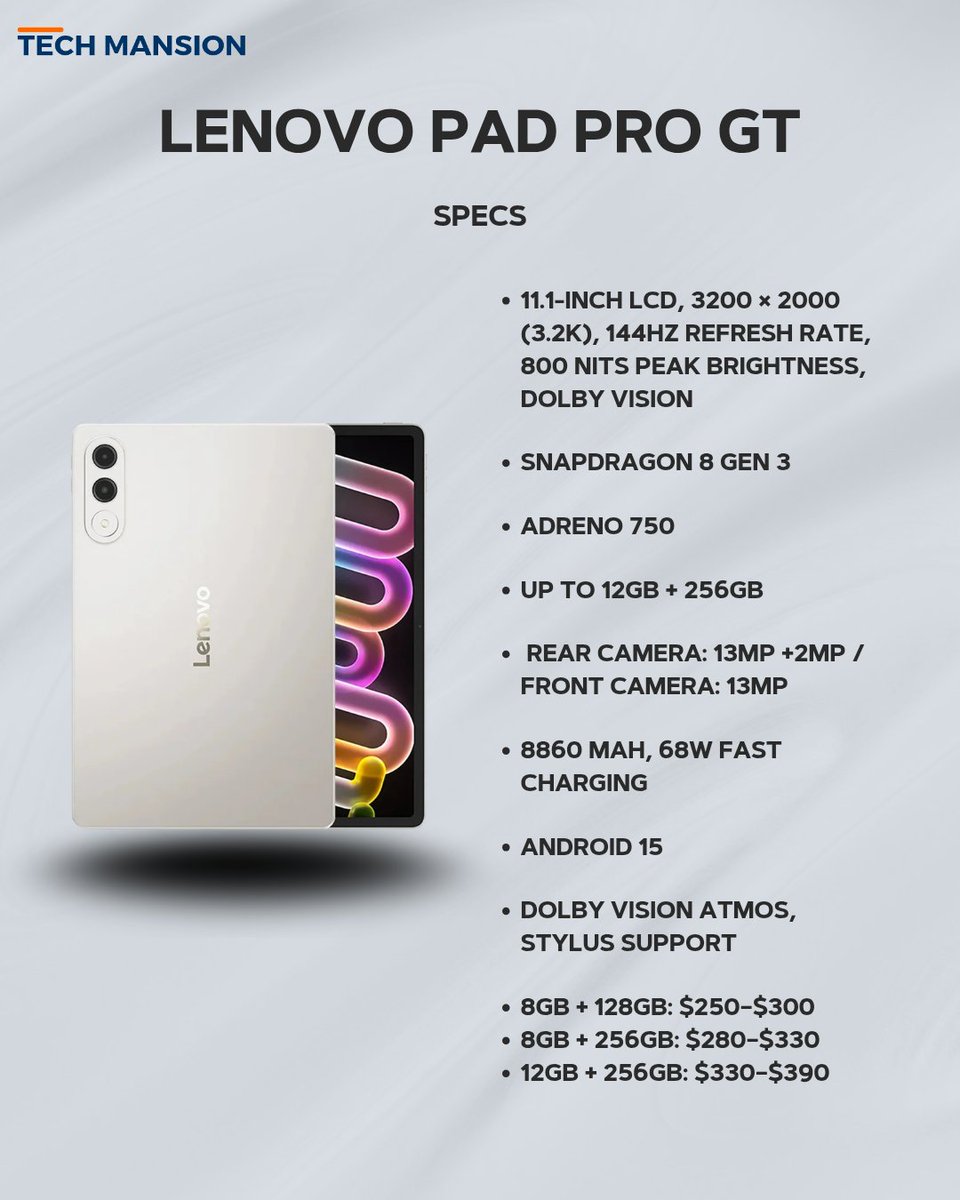 TechMansion's tweet photo. The Lenovo Pad Pro GT packs flagship-level performance, a high-refresh display, and strong battery life, making it a powerful Android tablet built for productivity and entertainment.
#LenovoPadProGT #Lenovo #AndroidTablet #TechNews #Tablet #Snapdragon #MobileTech #Gadgets https://t.co/oZuqRYqPst