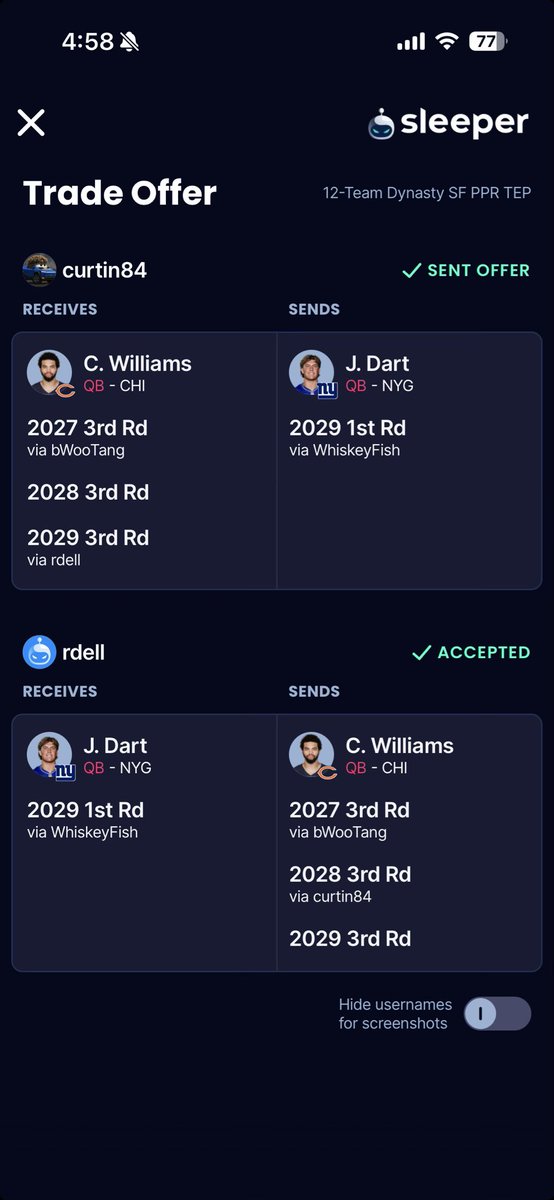 CCurtin45641's tweet photo. @SmashAccept @DynastyDadFF I’m high on dart but injury concerns and wanted to dilute my shares of him a bit.  Went up to Caleb.  Thoughts? https://t.co/iAX5Y3yv6r