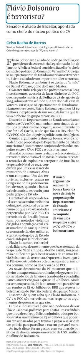 AndreiKampff's tweet photo. O Celso Rocha de Barros faz uma pergunta importante: Flávio Bolsonaro é terrorista? 

Reflete apresentando fatos importantes. “Flávio é aliado de Rodrigo Bacellar, ex-presidente da Assembleia Legislativa do RJ. A PF considera Bacellar ‘o chefe da ala política do Comando Vermelho.’ 

Na @folha e, colher de chá, aqui.
