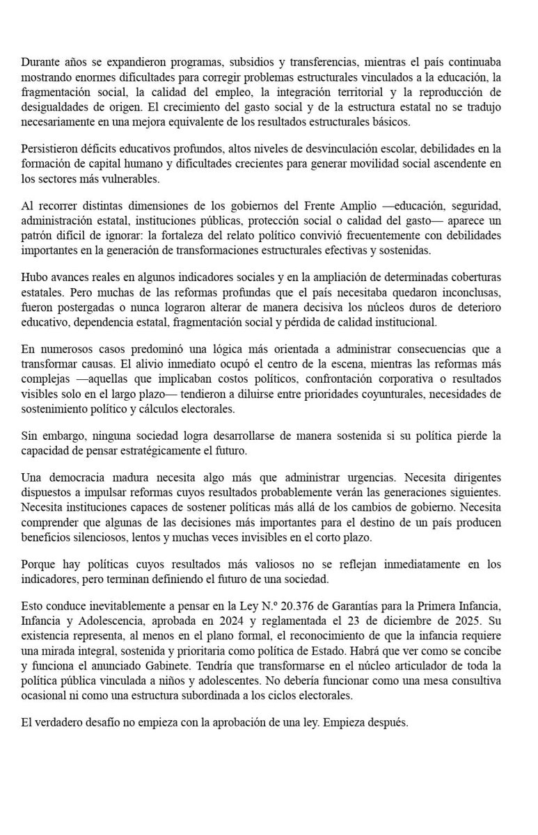 drFossati's tweet photo. @licandro1 @ObservadorUY Está la Ley de Garantías para la Primera Infancia, Infancia y Adolescencia, aprobada en 2024 y reglamentada en diciembre de 2025. 
¿Avances a posteriori de la reglamentación? ¿El mencionado GABINETE?

El verdadero desafío no empieza con la aprobación de una ley. Empieza después. https://t.co/Wf39kFkzap