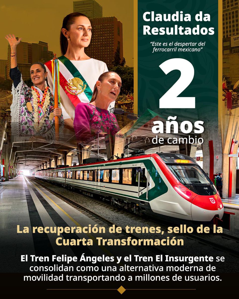 SICTmx's tweet photo. La transformación avanza sobre rieles. Con la construcción de 3mil km de nuevas vías férreas, México fortalece su conectividad, impulsa el desarrollo y acerca bienestar a millones de personas. 🚆

#ClaudiaDaResultados https://t.co/d1Skpfaq1z
