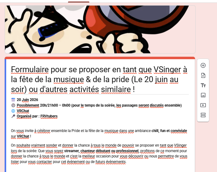 FrVtubers's tweet photo. 🎤 APPEL À TOUS LES VSINGERS &amp; VTUBER FR !
On cherche des talents qui chantent en live pour une soirée VRChat, et notamment le 20 Juin 2026 ! 
(Le formulaire est valide pour les prochaines fois) 🔥

Que tu sois débutant, confirmé/pro, on veut te donner ta chance ! ✨ https://t.co/GcqIgztgDp