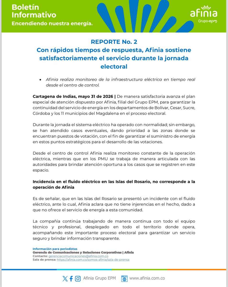 AfiniaGrupoEPM's tweet photo. ⚡ Durante la jornada electoral seguimos garantizando la continuidad del servicio de energía en la región Caribe. Con monitoreo permanente desde nuestro centro de control y una rápida capacidad de respuesta, acompañamos este importante proceso democrático. 🇨🇴🗳️ https://t.co/zPJRR3Edgf