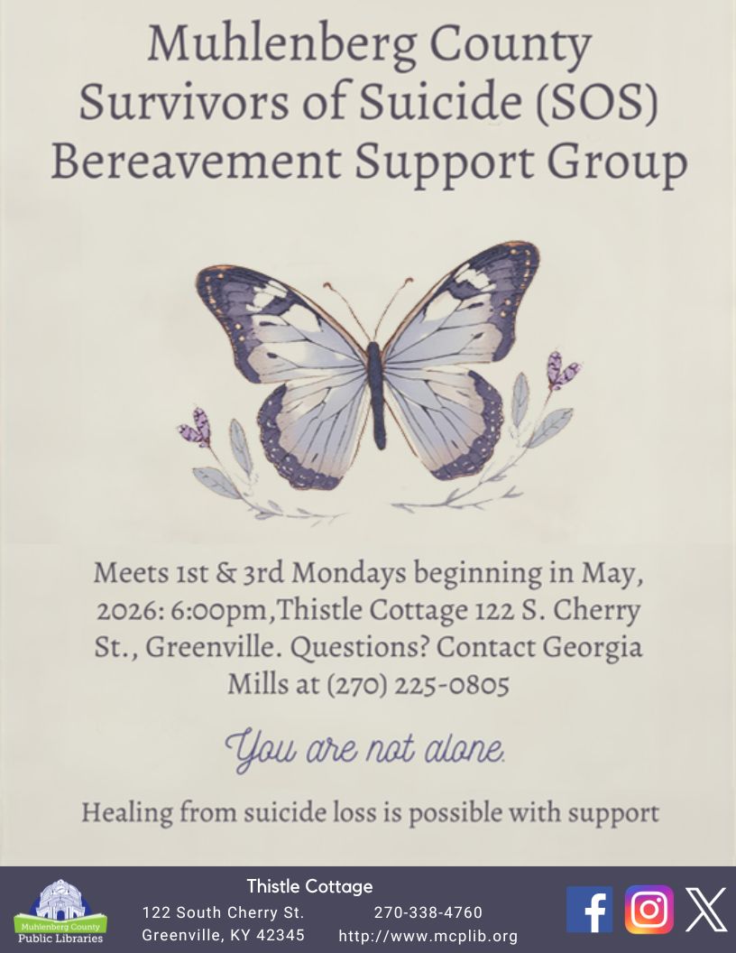 mcplib's tweet photo. The SoS (Survivors of Suicide) bereavement support group meets tomorrow at Thistle Cottage at 6 p.m.
This group meets the first and third Mondays of each month.
Contact Georgia Mills at 270-225-0805 or join us tomorrow for more info about this group. https://t.co/UthvFcvHGE