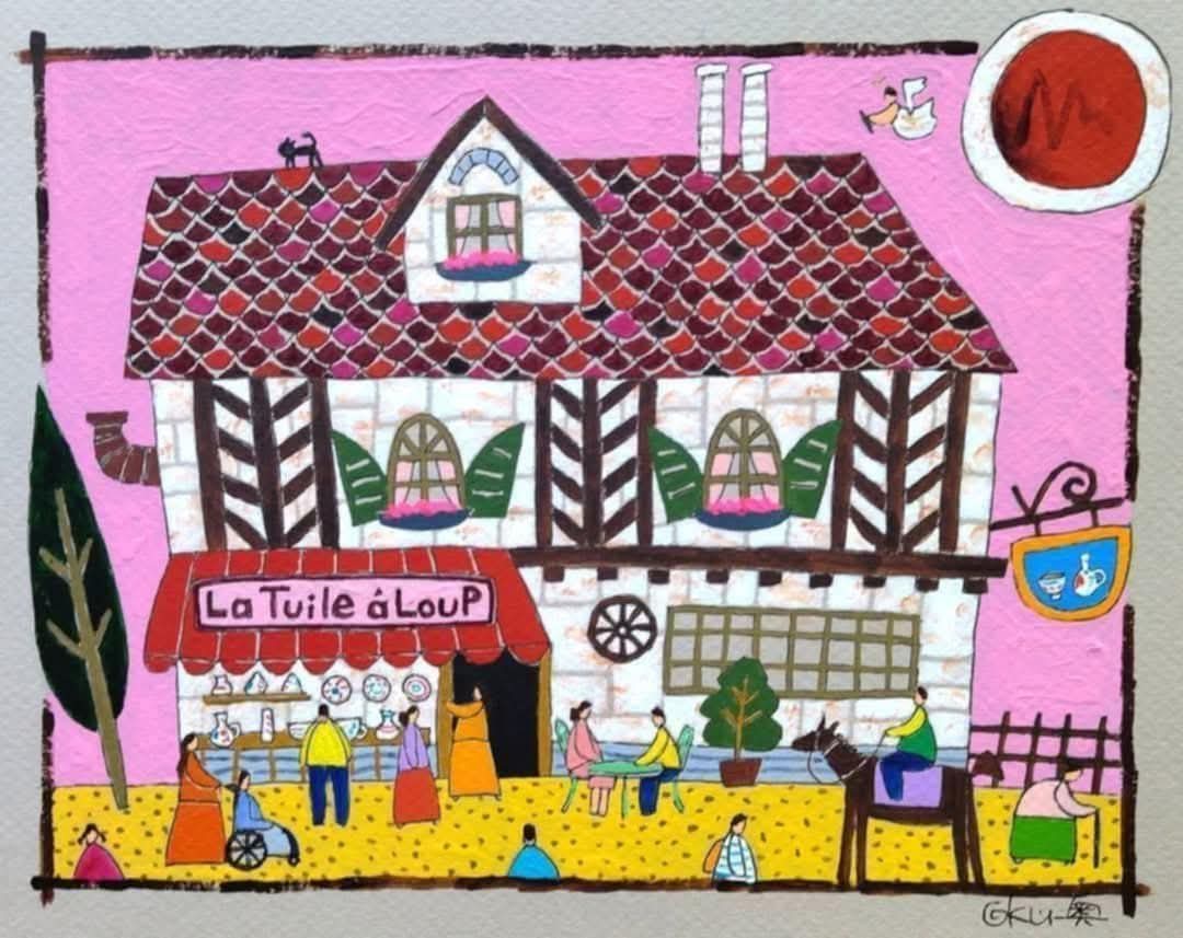 奥村ユズル　水彩画原画　ノルマンディーの陶器屋さん 過去展示作品 「ノルマンディーの陶器屋さん（フランス）」（＠奥村