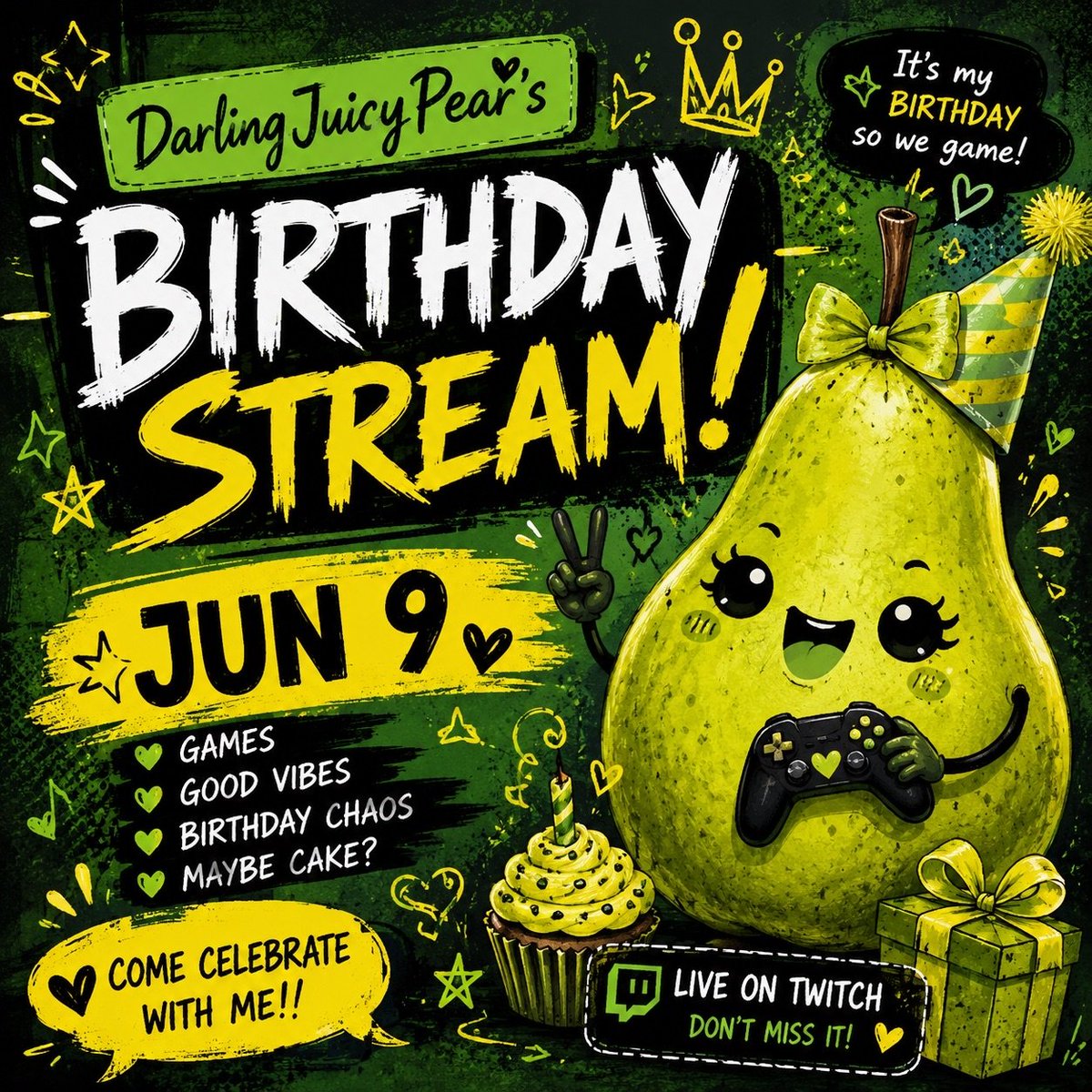 DevError101's tweet photo. @darlingjuicypear Birthday Stream on Twitch mark your calenders everyone cause it's gonna be super Juicy 🎉🥳 https://t.co/vIFEWzb7r9 #birthday #streamers #twitch #party https://t.co/p5nOzqM5ry