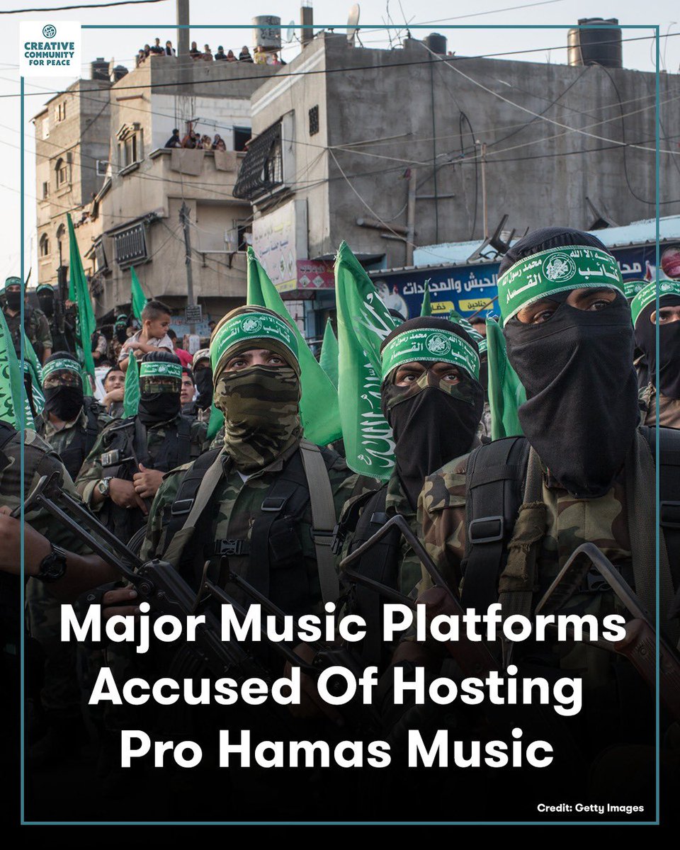 CCFPeace's tweet photo. Music platforms are becoming a megaphone for terrorists. A new report found hundreds of songs across major streaming services that glorify Hamas, celebrate terrorism, and promote violence against Jews, Israel, and the United States. With some tracks reaching hundreds of thousands of streams, tech companies are failing to stop the spread of dangerous content that would never be tolerated if it targeted other communities.