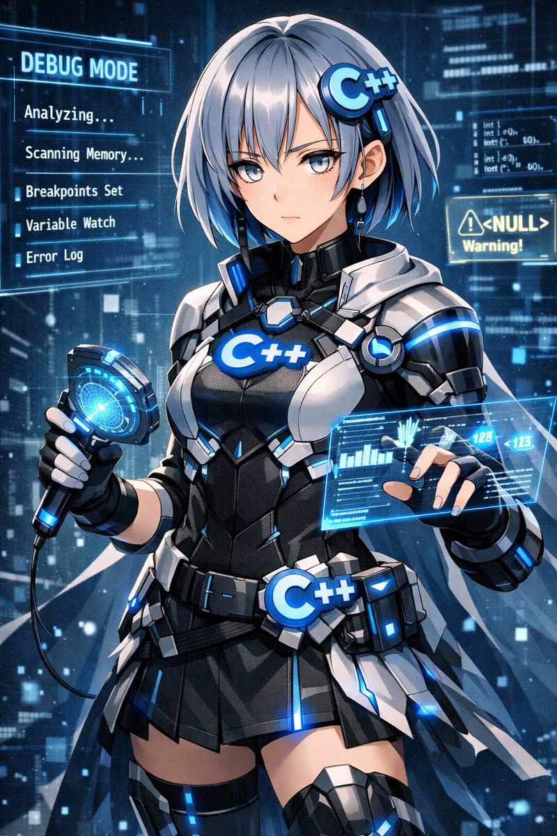 alchever's tweet photo. CopilotにC++を擬人化してもらったらこうなった。なかなか良き。
（通常モード／戦闘モード／デバッグモード／リンクエラー暴走形態）
#AIイラスト #擬人化 https://t.co/872NH0wZpv