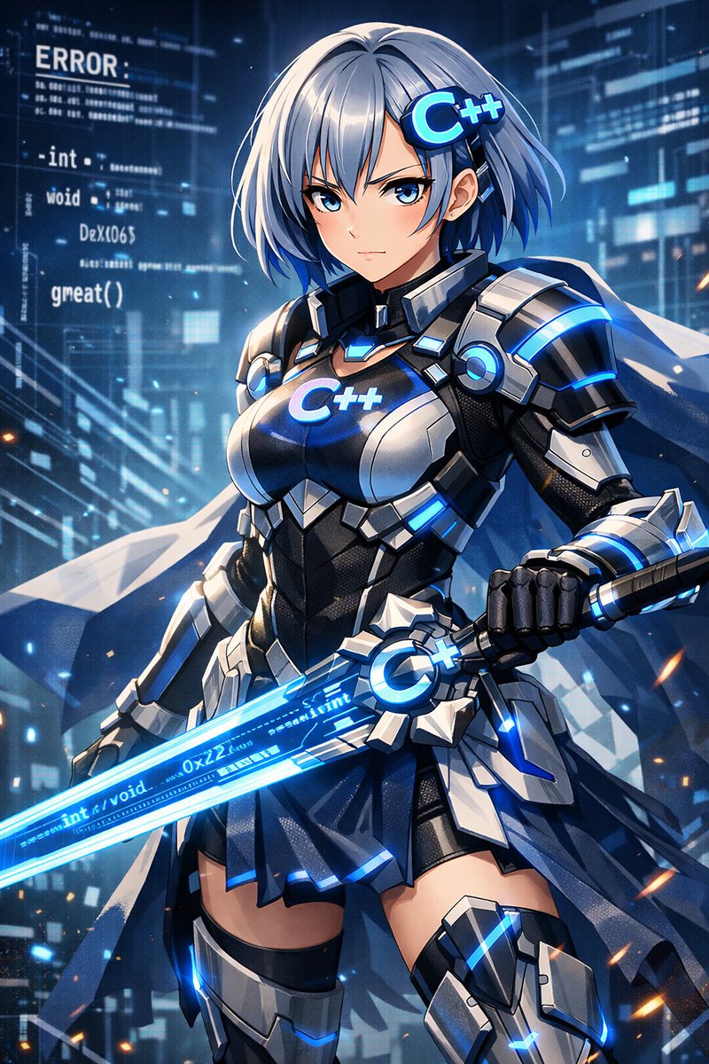 alchever's tweet photo. CopilotにC++を擬人化してもらったらこうなった。なかなか良き。
（通常モード／戦闘モード／デバッグモード／リンクエラー暴走形態）
#AIイラスト #擬人化 https://t.co/872NH0wZpv