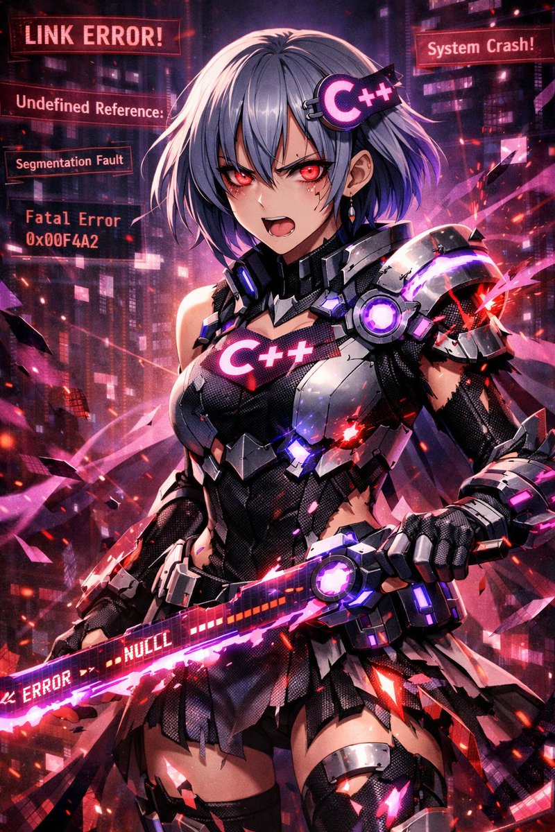 alchever's tweet photo. CopilotにC++を擬人化してもらったらこうなった。なかなか良き。
（通常モード／戦闘モード／デバッグモード／リンクエラー暴走形態）
#AIイラスト #擬人化 https://t.co/872NH0wZpv