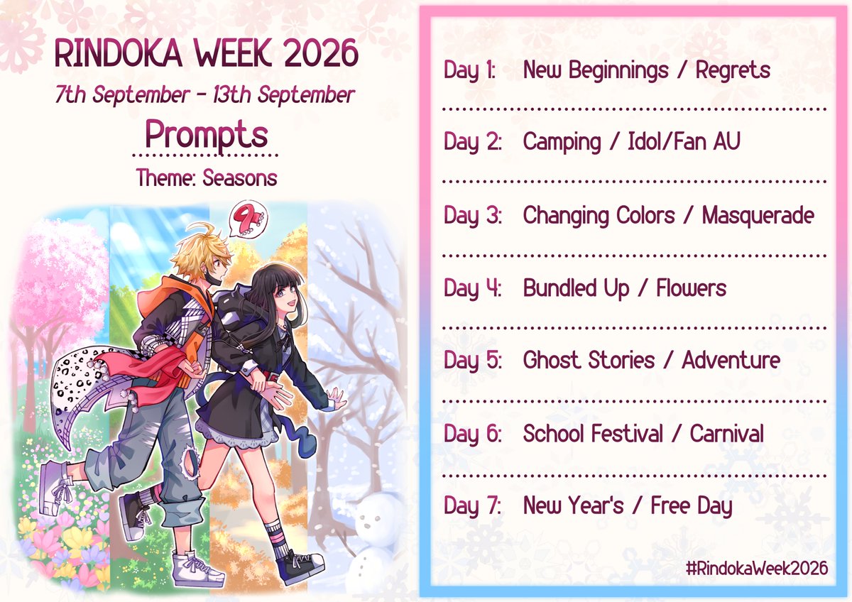 rindoka_week's tweet photo. It's time to get creating!! The prompt schedule for Rindoka Week 2026 is officially here!~ 🌸🌴🍁❄️

Rules will be posted in a comment below, as well as a link to the prompts in Japanese. 

#リンショウの週2026 #rindoka #RindokaWeek2026 #リンショウ #新すばせか #ntwewy #twewy https://t.co/ls6tJYWpoy