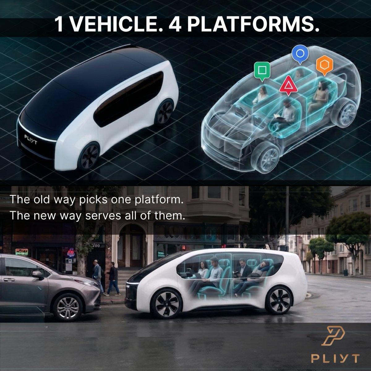 Pliytinc's tweet photo. Pliyt vehicles can now serve riders from multiple platforms like Uber, Lyft, or corporate fleets simultaneously. Independent passengers ride in the same vehicle at the same time, each completely contained in their own private, luxury pod. https://t.co/9BpvWSJrSr