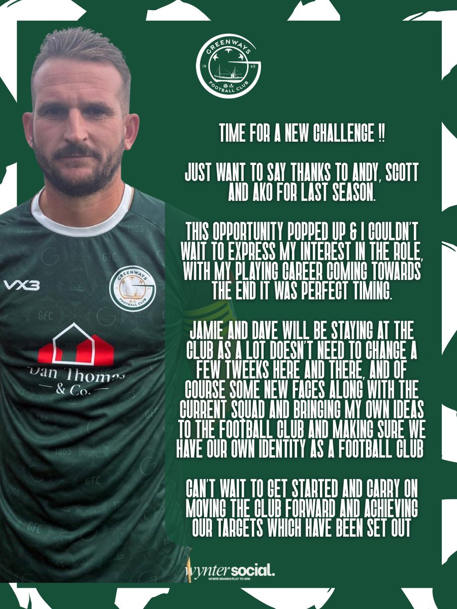 GreenwaysFC's tweet photo. CLUB ANNOUNCEMENT 📢 

Greenways FC are delighted to announce the appointment of Jack Clark as First Team Manager.

Having captained the club last season, Jack now takes the next step in leading Greenways both on and off the pitch.

#COYBIG https://t.co/P7QYwa3kZB