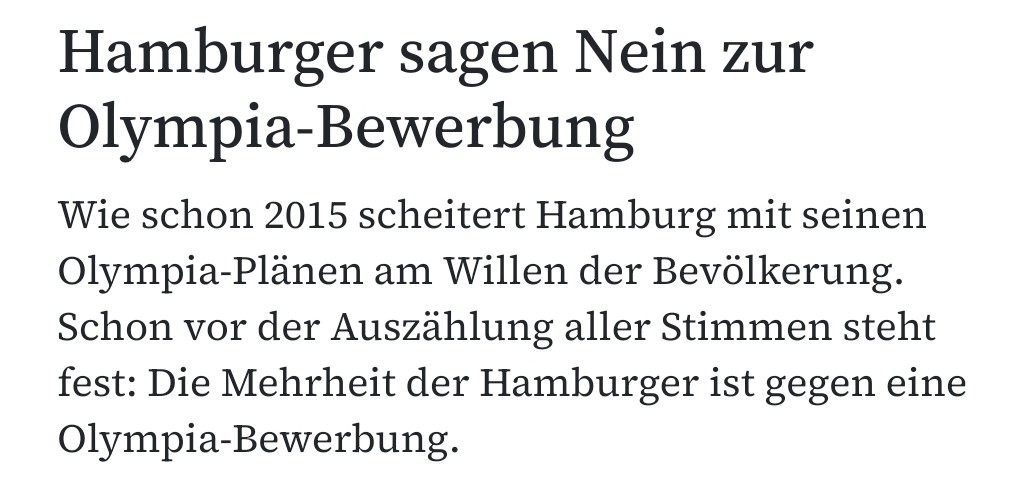 stephanrixen's tweet photo. Gute Entscheidung in Hamburg. Schluss mit dem Olympia-Blödsinn, der nur den Konten von IOC, Rechtevermarktern, Immobilienentwicklern usw. nützt, niemandem sonst. EM und WM in den einzelnen Sportarten reichen. Mehr direkte Demokratie wagen! https://t.co/em5tcMHhqL https://t.co/oseASA04Yr