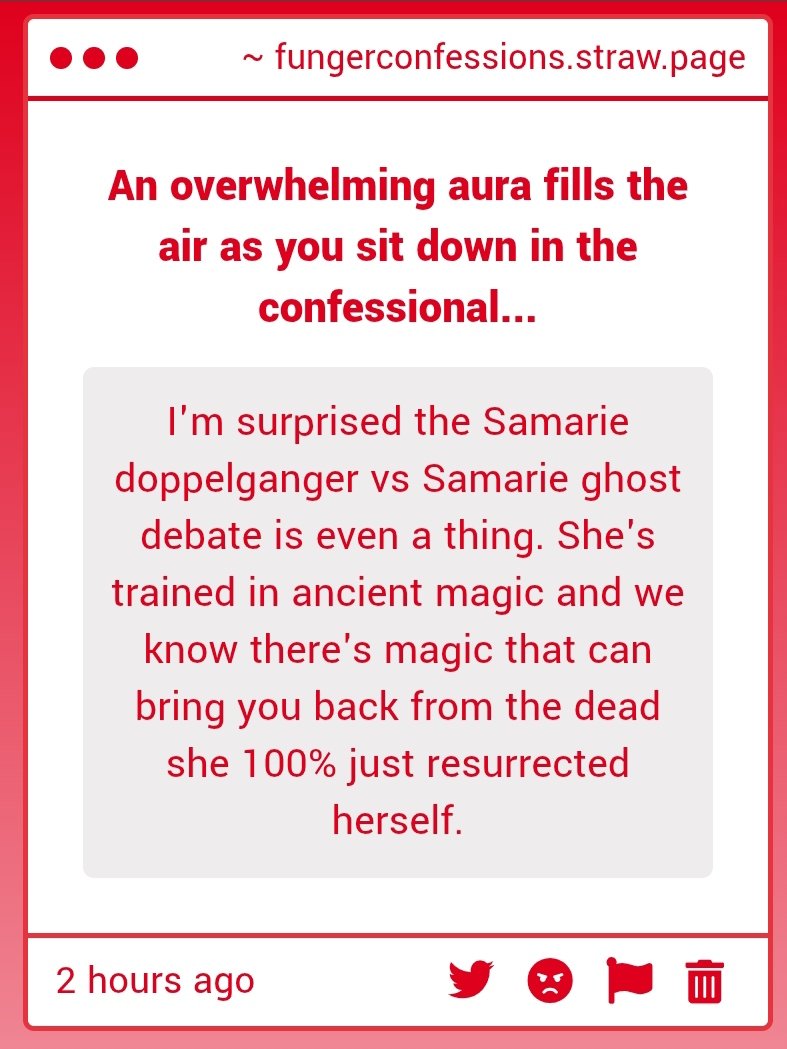 fahconfessional's tweet photo. "I'm surprised the Samarie doppelganger vs Samarie ghost debate is even a thing. She's trained in ancient magic and we know there's magic that can bring you back from the dead she 100% just resurrected herself." https://t.co/vtE7tO2emr