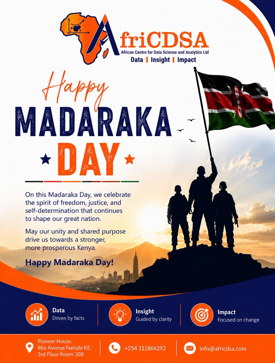 afri_cdsa's tweet photo. Today, we celebrate Kenya’s journey of self-governance, resilience, and progress. As we honor the sacrifices and determination of those who paved the way for our freedom, we are reminded of the power of unity, innovation, and purpose in shaping a brighter future.

At the African Centre for Data Science and Analytics Ltd, we remain committed to transforming data into meaningful insights and impactful solutions that drive sustainable growth across Africa.

May this Madaraka Day inspire us all to continue building a stronger, more prosperous, and data-driven nation.

Happy Madaraka Day, Kenya! 🇰🇪

#MadarakaDay2026 #HappyMadarakaDay #KenyaAt62 #DataInsightImpact #DataScience #Analytics