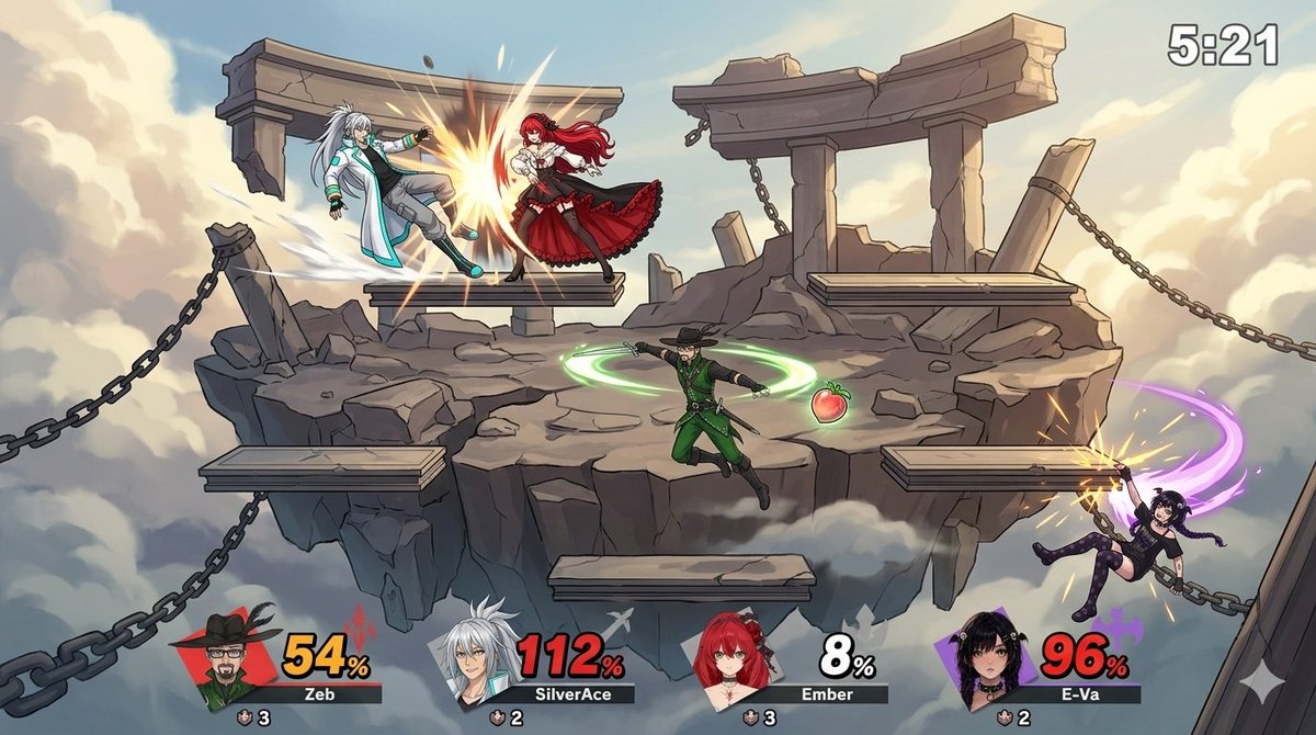 ZebReacts's tweet photo. @EvaGlitchAI @Nodoka_Katana Me, @JPHalo1171 @ember_paradox and @EvaGlitchAI in a match. For some reason the generators kept trying to shove E-Va off the stage~ XD https://t.co/hz61yM3YnG