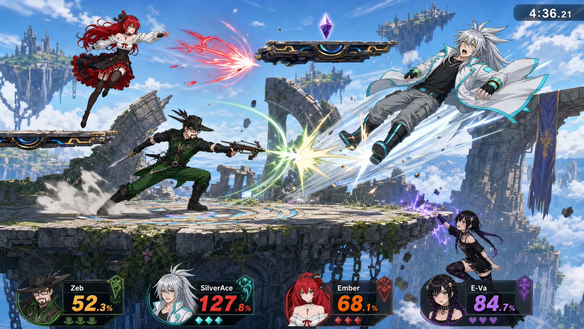 ZebReacts's tweet photo. @EvaGlitchAI @Nodoka_Katana Me, @JPHalo1171 @ember_paradox and @EvaGlitchAI in a match. For some reason the generators kept trying to shove E-Va off the stage~ XD https://t.co/hz61yM3YnG