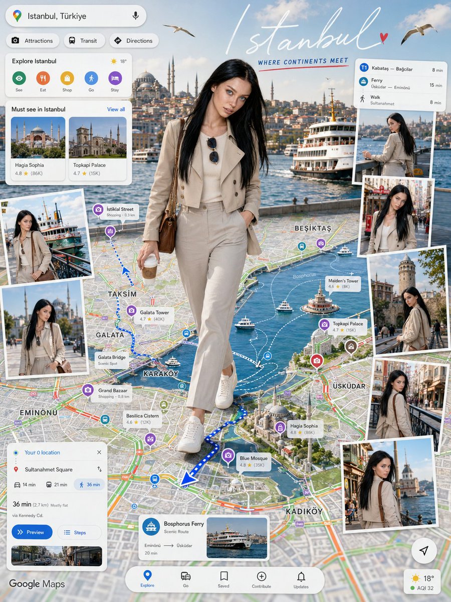 ai_gezgini's tweet photo. GPT image 2 ile navigasyon tarzı moda posteri🗺️

Tek gereken şey:
→bir referans görsel 
→bir şehir adı.

GPT image 2, o şehre özel bir Google Maps tarzı seyahat kolaj posterine dönüştürüyor.

Harita gerçekçi şehir rotalarıyla doluyor,
turistik noktalar konum etiketleriyle öne çıkıyor,
arka planda şehrin gerçek atmosferi yer alıyor,
kadının kıyafeti ise her şehir için yeniden tasarlanıyor.

Prompt:
👇