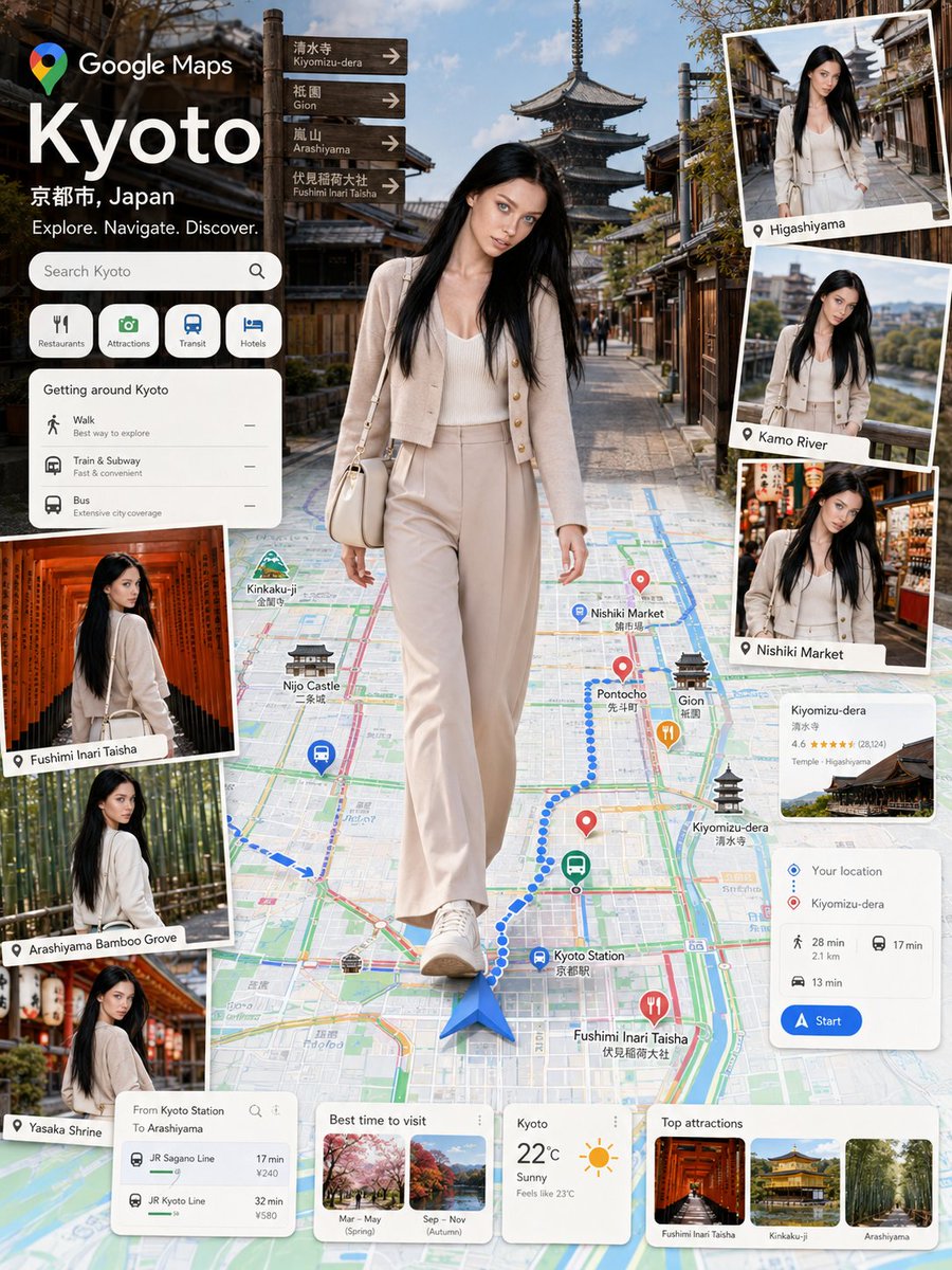 ai_gezgini's tweet photo. GPT image 2 ile navigasyon tarzı moda posteri🗺️

Tek gereken şey:
→bir referans görsel 
→bir şehir adı.

GPT image 2, o şehre özel bir Google Maps tarzı seyahat kolaj posterine dönüştürüyor.

Harita gerçekçi şehir rotalarıyla doluyor,
turistik noktalar konum etiketleriyle öne çıkıyor,
arka planda şehrin gerçek atmosferi yer alıyor,
kadının kıyafeti ise her şehir için yeniden tasarlanıyor.

Prompt:
👇