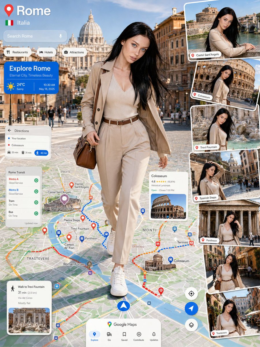 ai_gezgini's tweet photo. GPT image 2 ile navigasyon tarzı moda posteri🗺️

Tek gereken şey:
→bir referans görsel 
→bir şehir adı.

GPT image 2, o şehre özel bir Google Maps tarzı seyahat kolaj posterine dönüştürüyor.

Harita gerçekçi şehir rotalarıyla doluyor,
turistik noktalar konum etiketleriyle öne çıkıyor,
arka planda şehrin gerçek atmosferi yer alıyor,
kadının kıyafeti ise her şehir için yeniden tasarlanıyor.

Prompt:
👇