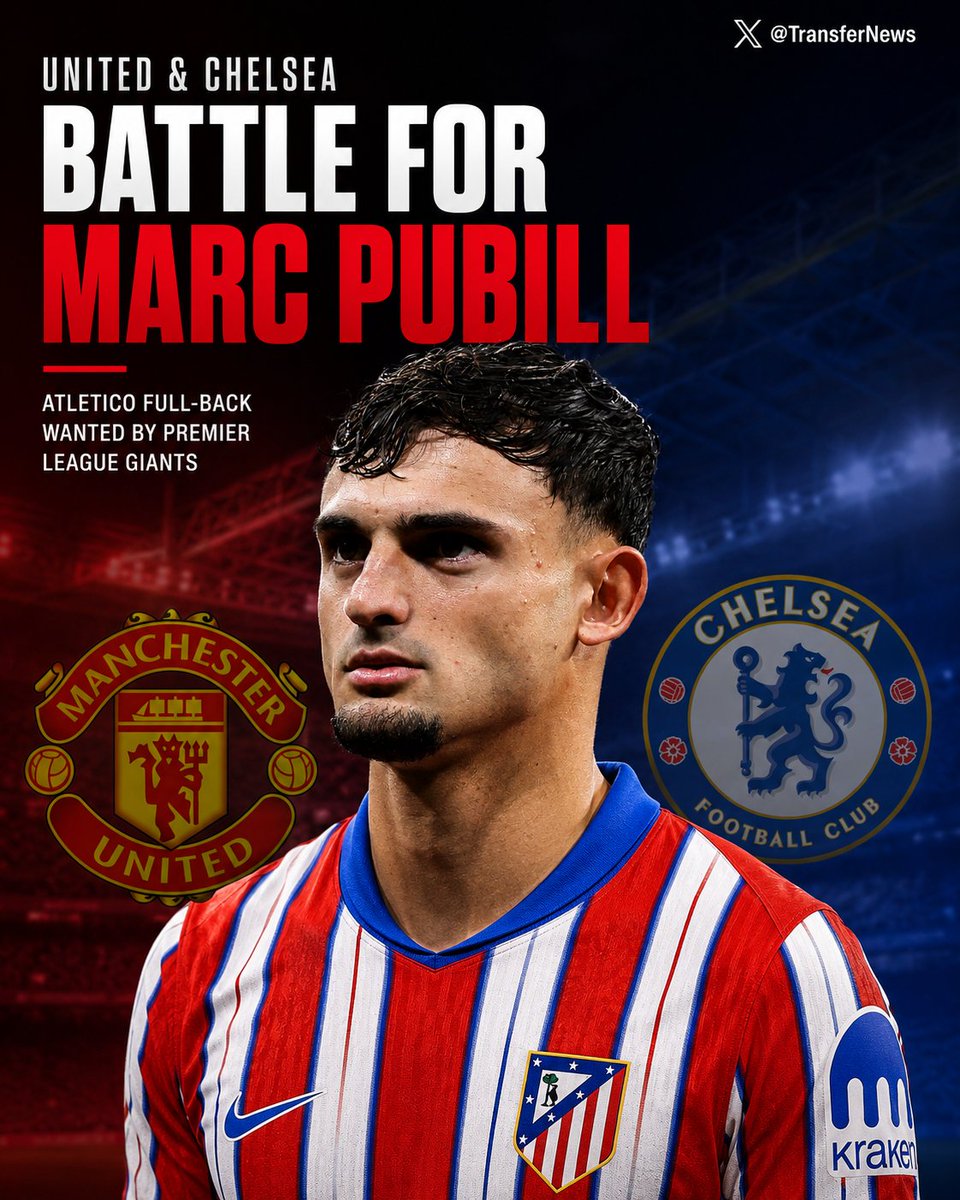 TransferNews's tweet photo. Manchester United and Chelsea are both in the race to sign Atlético Madrid defender Marc Pubill this summer.

The highly-rated full-back is attracting growing interest ahead of the transfer window as both clubs look to strengthen their defensive options. https://t.co/HZp3raaZfR