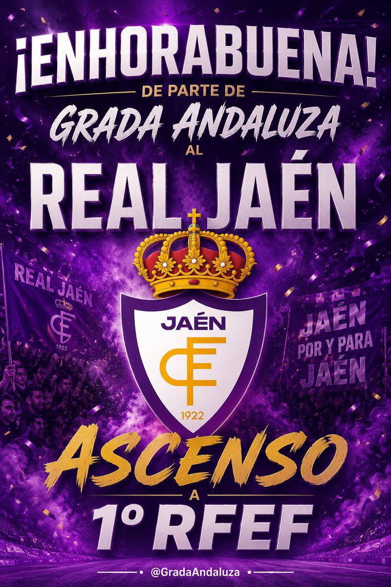 GradaAndaluza's tweet photo. 💜 ¡ENHORABUENA, REAL JAÉN! 💜

Tras años de lucha, sacrificio y una afición que nunca dejó de creer, el conjunto jiennense regresa a la 1ª RFEF. Un ascenso merecido para un club histórico y una ciudad que respira fútbol. Disfrutadlo, lagartos. ¡Jaén está de vuelta! @RealJaenCF https://t.co/Xzk5sZJafq